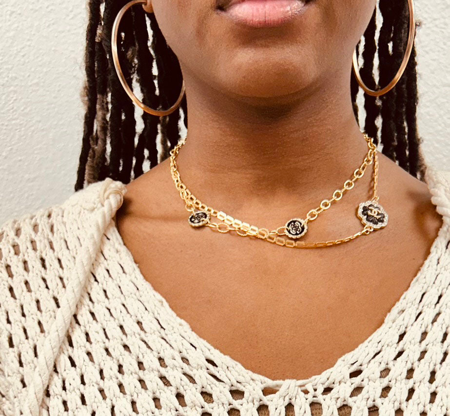 007- Authentic CC Black & Gold Filled Double Strand Necklace