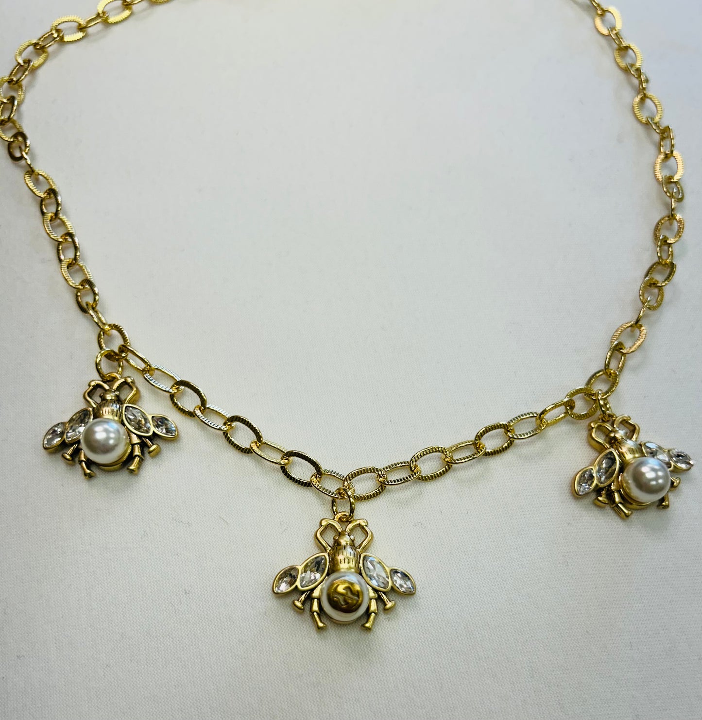 021- Authentic GG Gold and Crystal Triple Bee Necklace