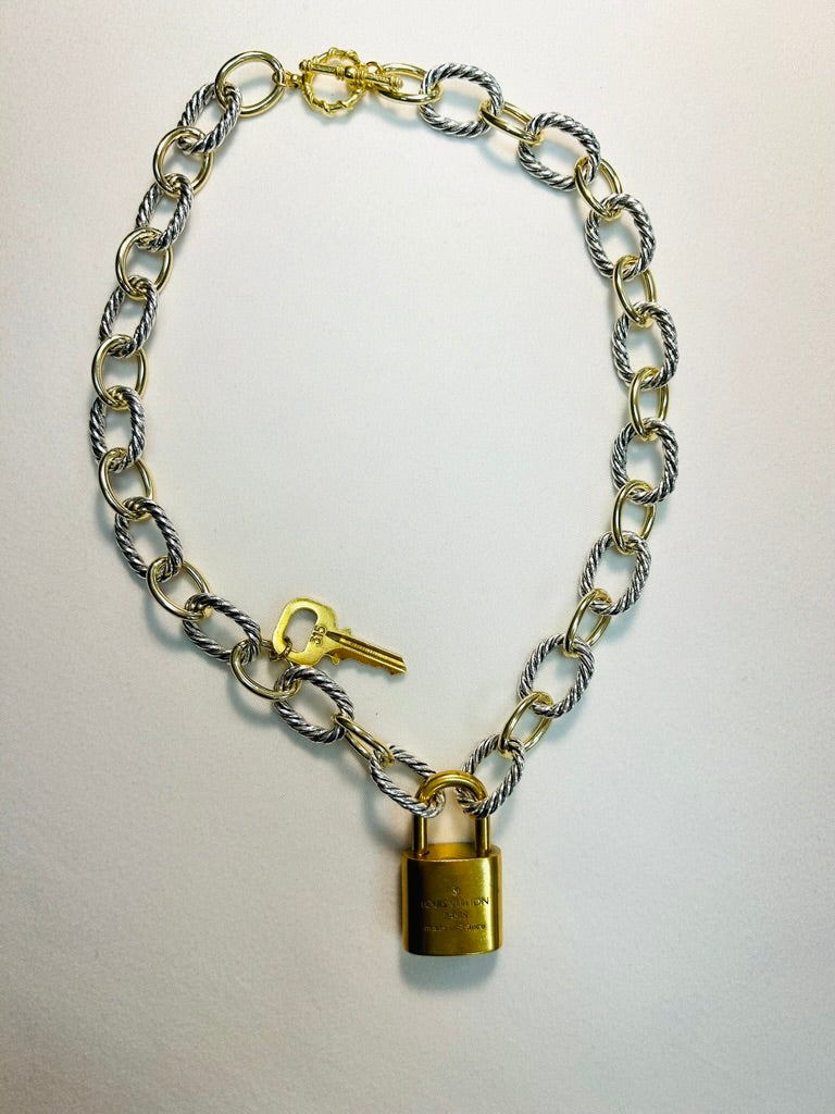 001- Authentic LV Lock Multi-Tone Plated Necklace