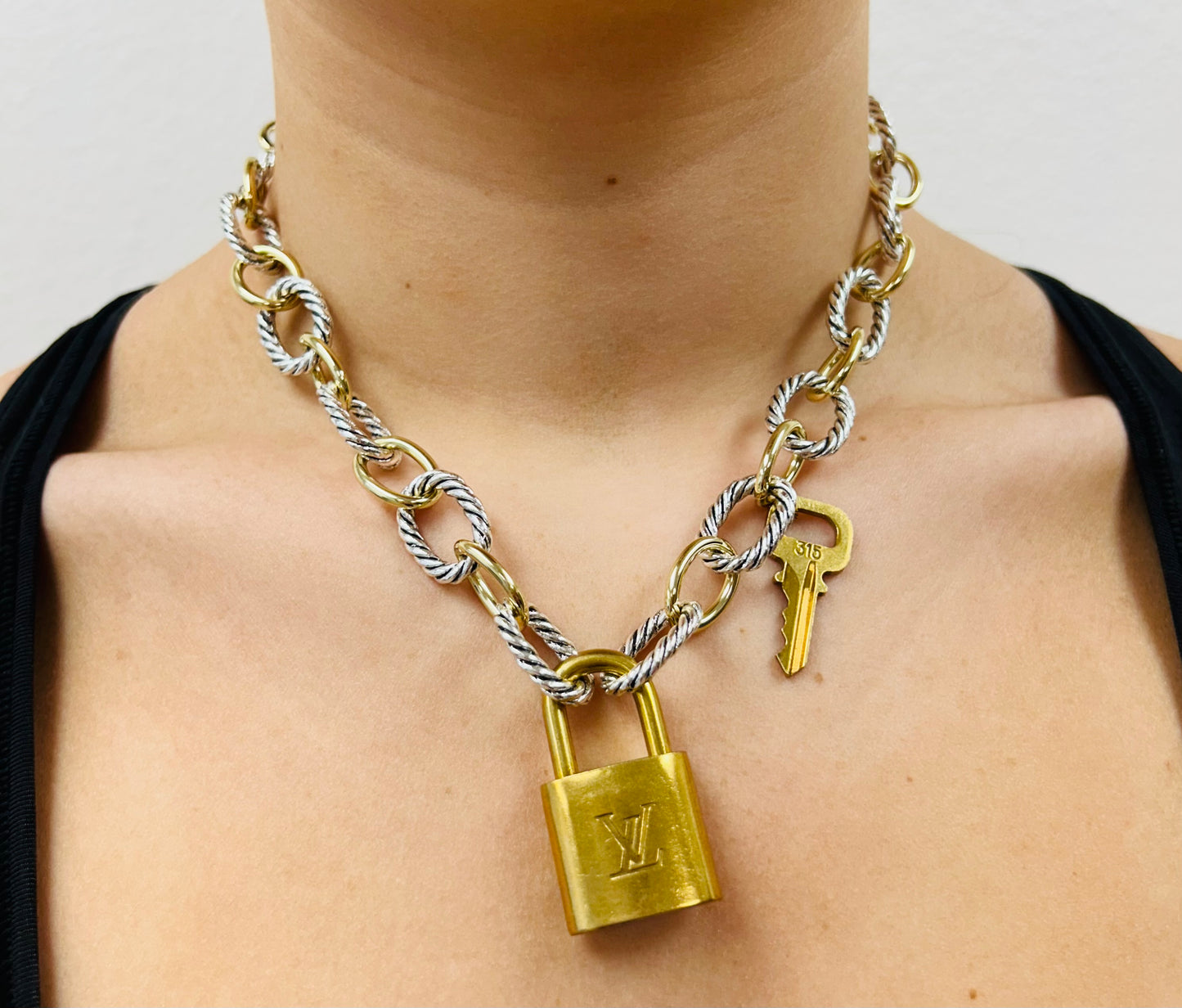 001- Authentic LV Lock Multi-Tone Plated Necklace