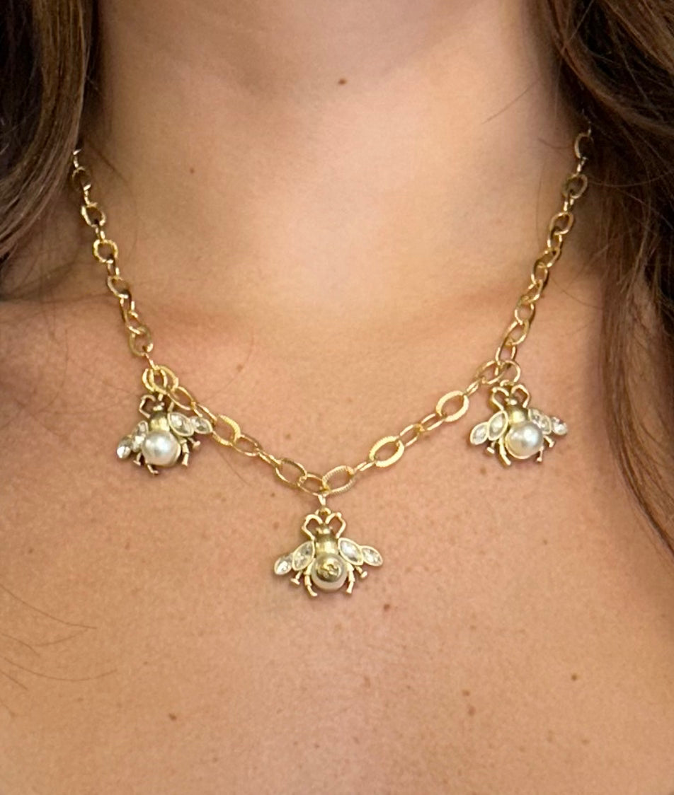 021- Authentic GG Gold and Crystal Triple Bee Necklace