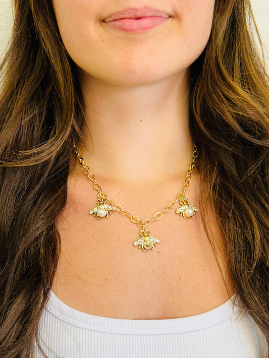 021- Authentic GG Gold and Crystal Triple Bee Necklace