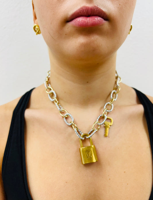 001- Authentic LV Lock Multi-Tone Plated Necklace