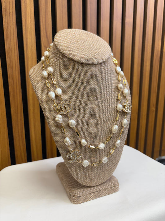 030- Authentic CC Long Freshwater Pearl and Gold-Filled Necklace