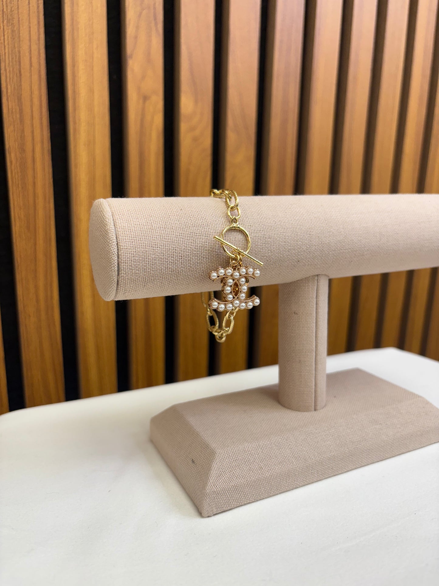 033- Authentic CC Pearl + Camilia Charm Bracelet