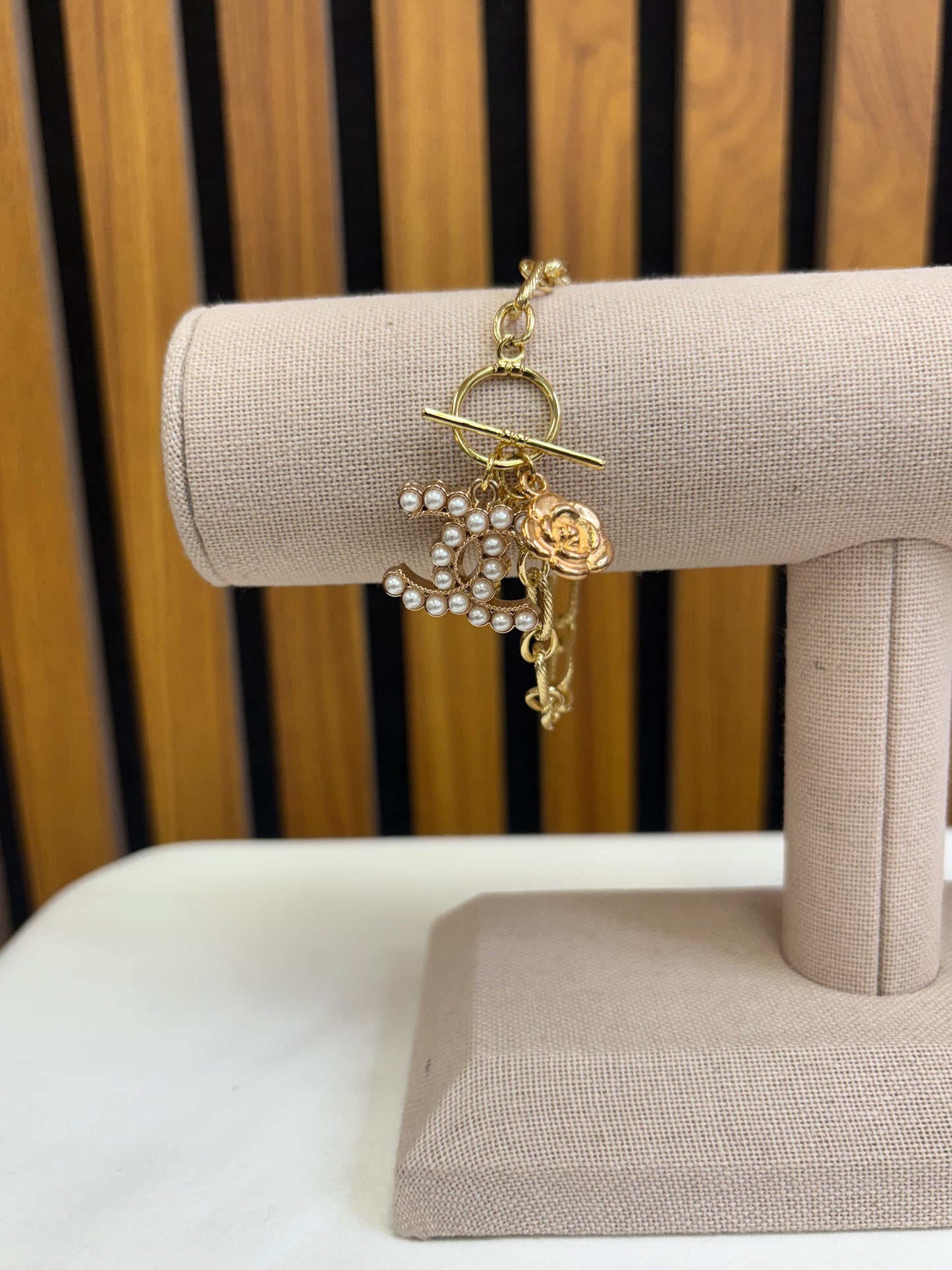 033- Authentic CC Pearl + Camilia Charm Bracelet