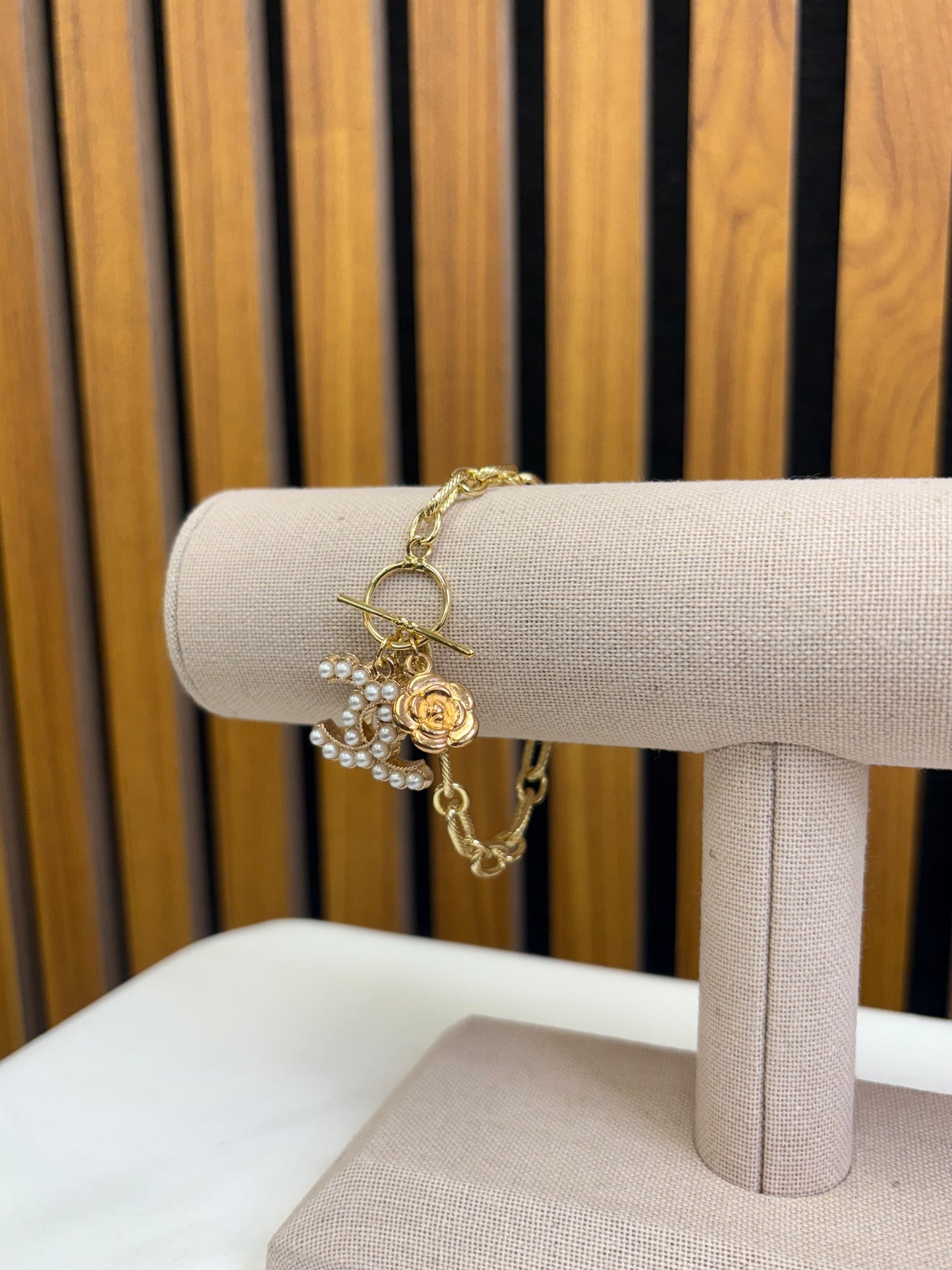 033- Authentic CC Pearl + Camilia Charm Bracelet