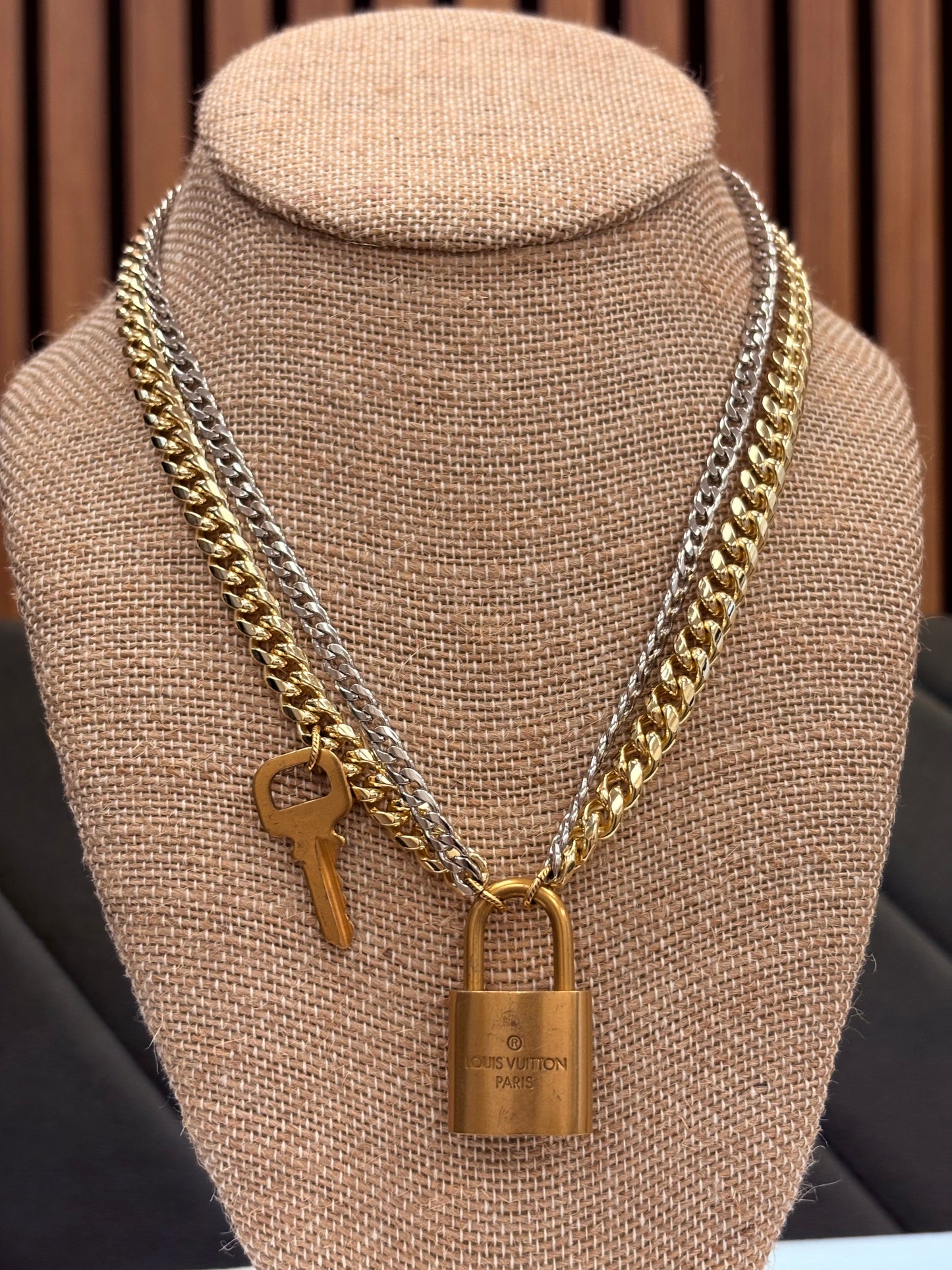 026 Authentic  LV Lock Double Strand Gold Filled and Sterling Silver Necklace